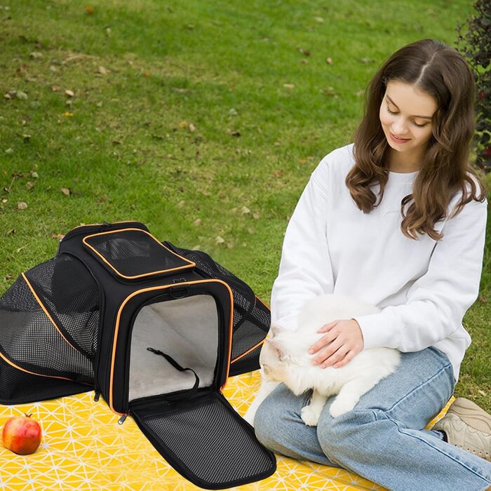 Транспортна сумка для котів та собак PETCUTE, складана переноска для тварин з підкладкою, шлейкою, дихаюча сумка для автопоїздок, чорно-помаранчевий колір