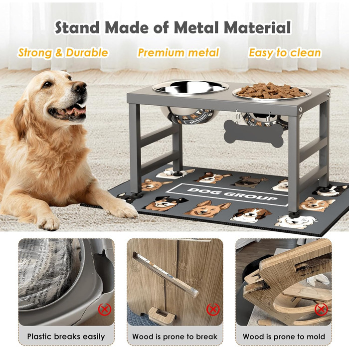 Підвищена годівниця для собак великих та екстра-великих порід, з підставкою та двома мисками з нержавіючої сталі (2,863 г), з нековзною основою, висота 43 см, висота мисок 25 см, сіра, L