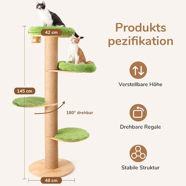 Котячий комплекс для лазіння, 5-рівневий, з товстими стовпами 14 см, плюшевим лежаком, для сну, дряпання та огляду, настінний або підлоговий, зелений
