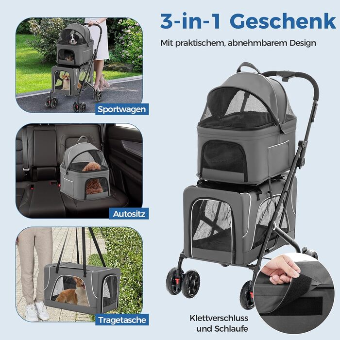 Візок для собак GOPLUS 3 в 1 сірого кольору з 2 знімними відсіками, сітчастими віконцями, клямками та колесами з гальмами
