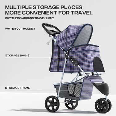 Дитяча коляска для котів та собак, 3 колеса, складний візок для тварин, 13,6 кг, з кошиком та тримачем для напоїв, в клітинку