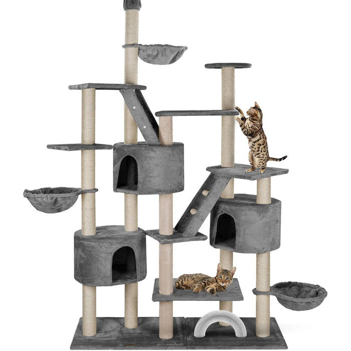 Дряпак для котів HAPPYPET Simba XXL до стелі 260 см, сірий, з будиночками, сходами, лежанками, 9 см стовпи, стабільний, багато аксесуарів