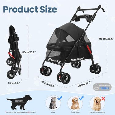 Складана візок для тварин до 10 кг з амортизаторами 360° та сонцезахистом - Легкий бугі для котів/маленьких собак (чорний)