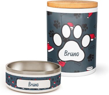 PICANOVA Набір миски та контейнера для ласощів для собак з іменем - Персоналізований набір у різдвяному дизайні. Керамічний набір миски та контейнера для ласощів як подарунок для власників домашніх тварин. Дизайн Candy Bones (набір Санта-шапок)