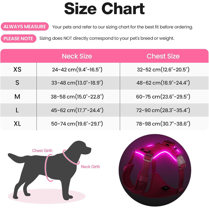 Світловідбиваючий нашийник для собак великих порід Feycig з LED підсвічуванням, акумуляторний, регульований, 3 режими світла, висока видимість (Рожевий, Medium)