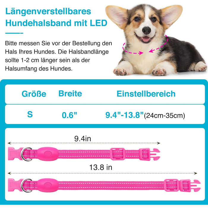 LED-нашийник для собак KOSKILL: перезарядна модель USB, водонепроникний, яскравий, регульований, для середніх та великих собак (зелений, рожевий)