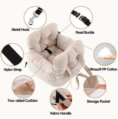 Автокрісло для собак маленьких порід, переноска для цуценят, зручна автотранспортування, з кишенями, машинного прання (Смугастий хакі)