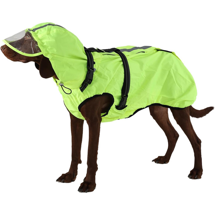 Водонепроникна куртка для собак OUOBOB з відбиваючими смугами, нагрудником H-подібної форми (D-кільце) та знімним капюшоном з візором, ідеальна для середніх/великих собак [Неоновий зелений, розмір XL, зелений]