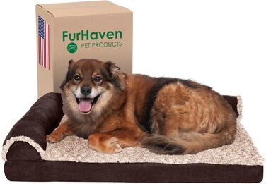 Ліжко для собак Furhaven L-форма, велике, з ефектом пам'яті, двотонний штучне хутро та замша, знімний і праний чохол, еспресо