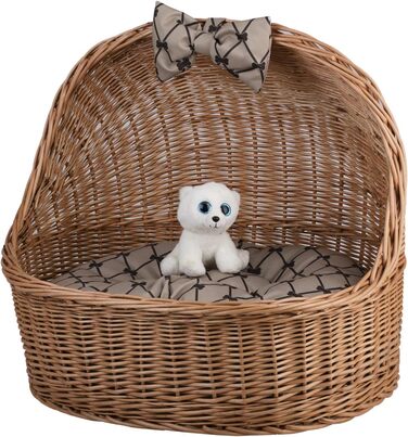 Кремова плетена хата для тварин e-wicker24 з лози з подушкою, кошик для котів і собак