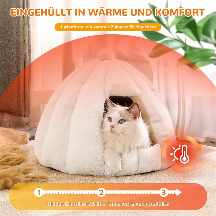 Кішка/Песик Іглу Будинок-Гніздо ALLSOPETS з Знімним Матрацом, Теплий та М'який Дім для Собак та Кішок (Сніжно-Білий, L)