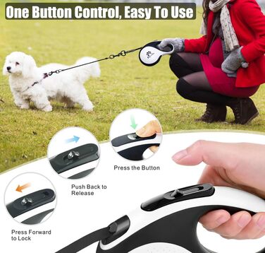 Висувна собача повідка, 5 м: повідка з двома карабінами, повідка для 2 собак, подовжена повідка для собак середніх та великих порід до 50 кг, білий та чорний колір