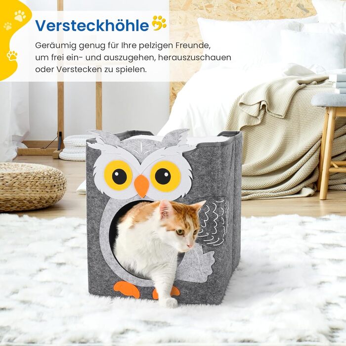 Двоповерховий будиночок для котів Dripex з фетру з подушкою, 30 x 35 x 35 см (Сова)