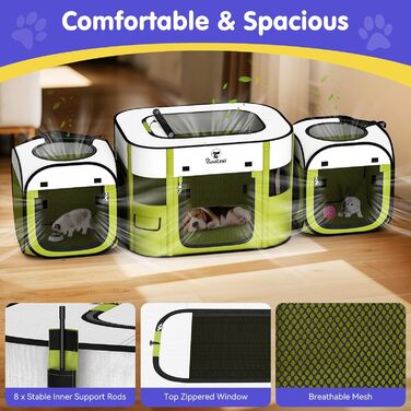 Pawaboo Зручний переносна клітка для тварин, розкладний вольєр для собак та котів з водонепроникного оксфорду, з сумкою для перенесення та мискою, для цуценят, котів, кроликів, для використання в приміщенні та на вулиці, зелений, 80x60x55 см (3-в-1 вольєр