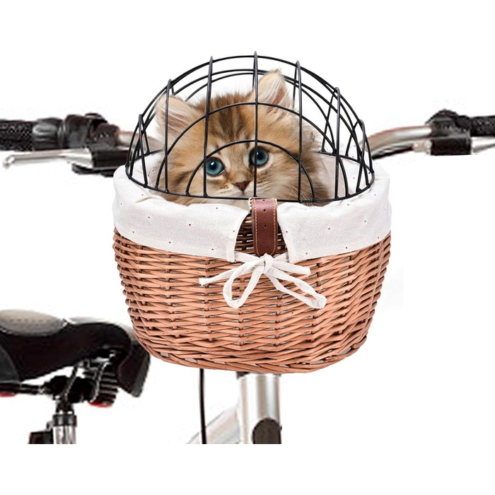 Плетенний велосипедний кошик для котів з дрітчастою кришкою | Велосипедний кошик для тварин з лози | Знімний переносник для собак, цуценят та котів