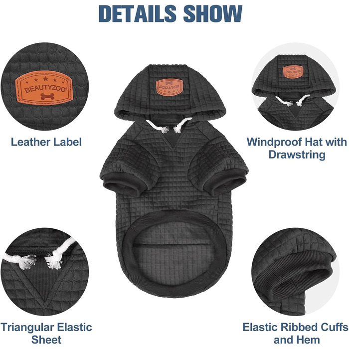 Світшот для собак BEAUTYZOO у вафельному стилі - теплий одяг для осені та зими (S, M, L) - кофта з капюшоном та кишенею для Бульдога, Пітбуля та інших порід, чорний (обхват грудей: 48 см)
