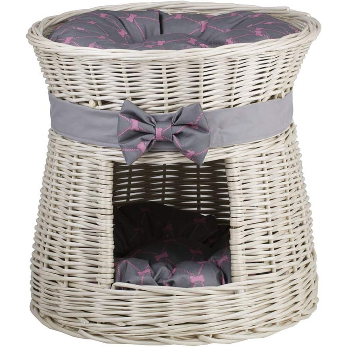 Кругла котяча хатинка e-wicker24 з плетіння, двоярусна, з подушкою та бантиком, котячий будиночок (кремово-сірий)