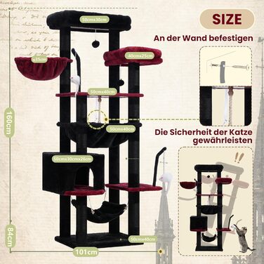 Великий котячий будиночок Kratzbaum: стабільний, 200 см, з платформами, печерами, гамаком та сизалевими стовпчиками (GCT031W, чорний та червоний)