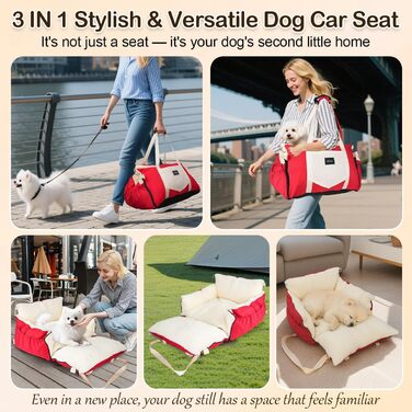 Автокрісло для собак 3-в-1 - переносна ліжко для маленьких собак, з розширеною лежачою поверхнею та м'яким матрацом, для переднього або заднього сидіння, внутрішнє та зовнішнє використання (червоний)