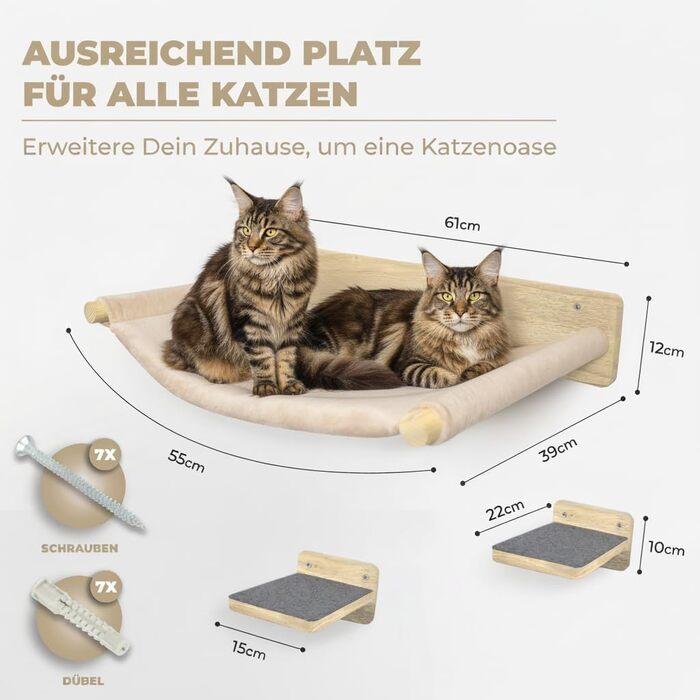 WOOWOOD® Комплект для лазіння котів - 5 частин, з масиву дерева - стіна для котів, драбина, гамак, крізьбард, меблі для котів