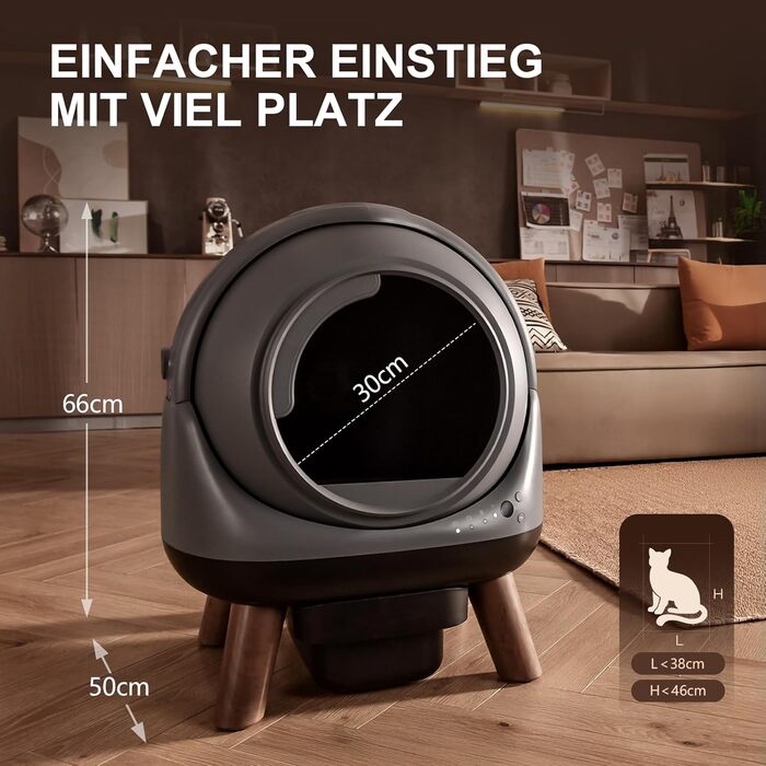 Автоматичний лоток для котів ELS PET з самоочищенням, захистом від розльоту, керуванням через додаток, без запаху, з килимком для котячого туалету та пакетами для сміття (чорний та сірий)