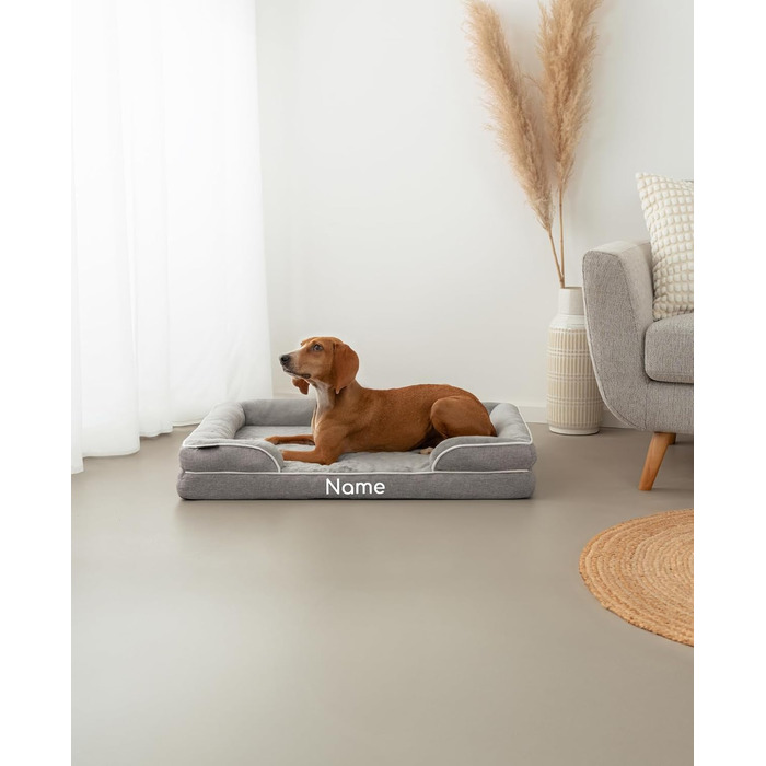 Ортопедичне ліжко для собак Lionto з піднятим бортиком, 89x63x17 см, міцне собаче ліжко з м'яким фланелевим наповнювачем, знімний та пральний чохол, нековзне, для малих та великих собак + котів, сіре (з нанесенням імені)