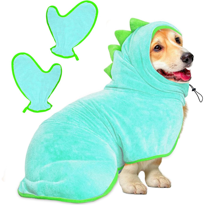 Рушник для собак JOOV E Dog Trockenmante: супер впитываючий, для купання, плавання, після прогулянки (зелений жаб, S, блакитний динозавр)