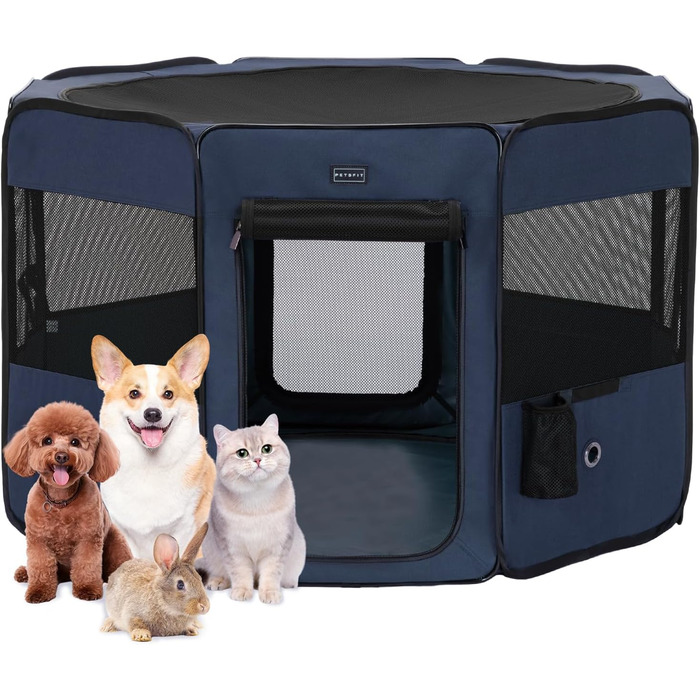 Складаний вольєр Petsfit для цуценят, котів і кроликів, з блискавками, знімний верх і низ, L, темно-синій і чорний