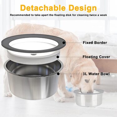 Миска для води для собак Yonphy 3L: Без розливання, з нержавіючої сталі, миска для води та корму, для собак та котів (сіра)