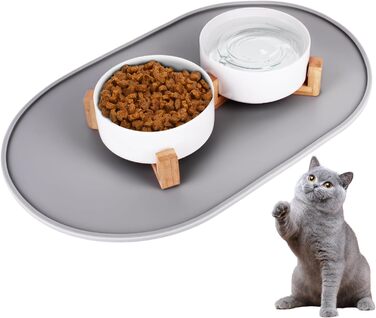 Набір мисок для котів 2 шт. з кераміки з підставкою з бамбука та силіконовим килимком - 2 x 400 мл