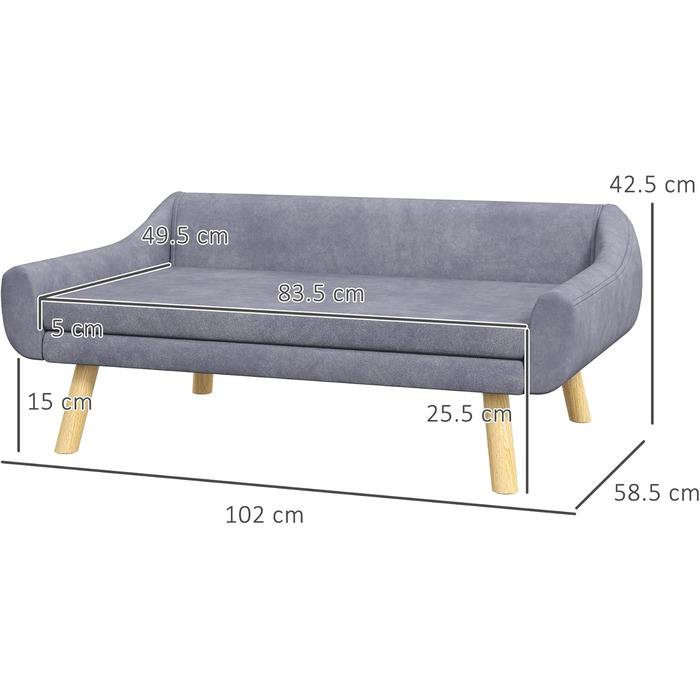 Диван для собак PawHut з м'яким подушкою, лежанка для тварин з дерев'яним каркасом, знімний та пральний чохол, для середніх та великих собак (сірий)