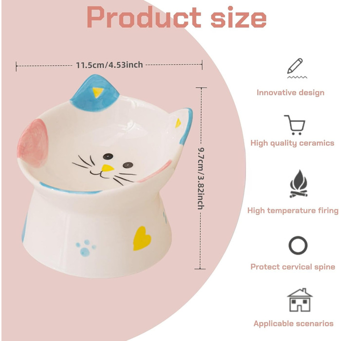 Керамічний годівниця для котів з підставкою, нахилений дизайн, захист шиї, запобігання переливання води, чорний/білий/блакитний