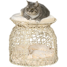 Будиночок для котів PawHut із ротангу, двоповерхова котяча хатка з подушкою, 42x42x40 см, бежевий, для спальні, вітальні та коридору