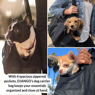 Сумка-переноска для собак DJANGO - чорна, велика, з міцної тканини вощенного канвасу та шкіри, з поворотком-поводком та надійними кишенями