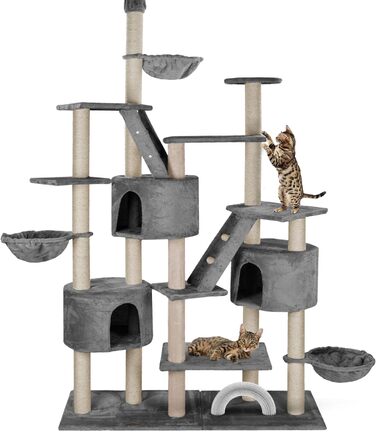 Дряпак для котів HAPPYPET Simba XXL до стелі 260 см, сірий, з будиночками, сходами, лежанками, 9 см стовпи, стабільний, багато аксесуарів