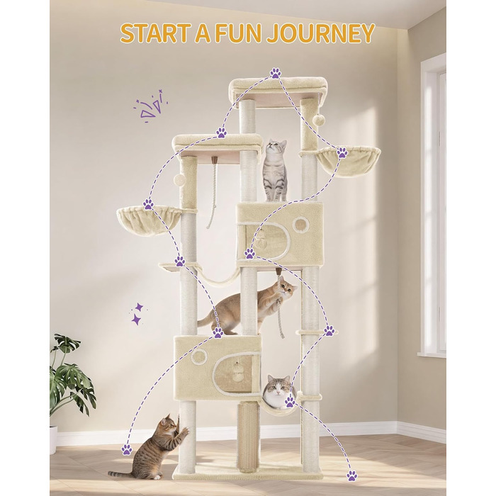 Комплекс для котів Hzuaneri Kratzbaum XXL 213 см: Дряпка-стовпчик, 2 платформи, 2 печери, 2 гамаки, кошик, щітка, помпони, для мейн-кунів, бежевий MS21418YL