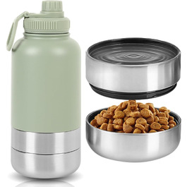 Водяна пляшка для собак на прогулянці, 950мл, з мискою, з нержавіючої сталі, термопляшка для собак, для подорожей та активного відпочинку (Зелена)