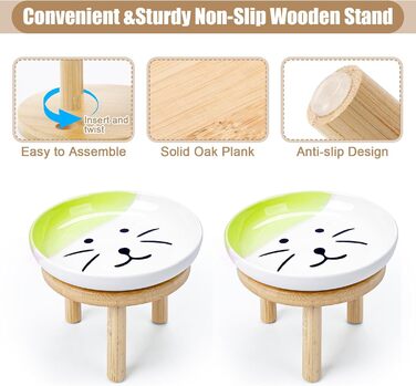 Набір мисок для котів з бамбуковим підставкою (2 шт.), 15 см, кераміка, зручні для вусів, зелені