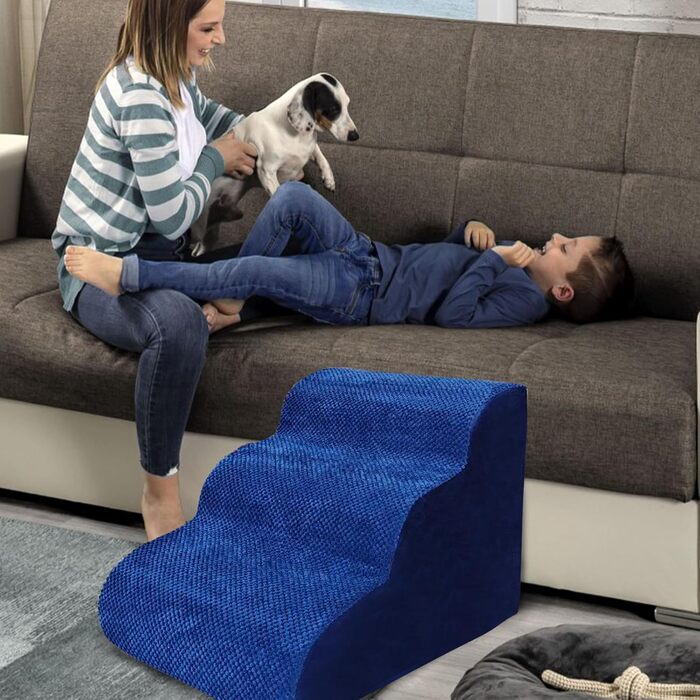 Сходинки для собак Galatée: міцні, з антиковзким покриттям, 3 сходинки для високих ліжок та диванів. Підходять для травмованих, літніх собак та котів (блакитний)