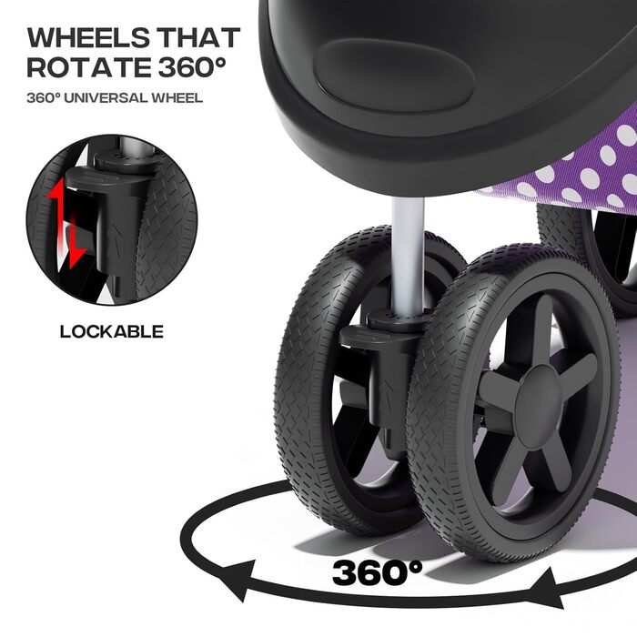 Дитяча коляска для котів та собак, 3 колеса, фіолетовий принт, з кошиком та тримачем для напоїв