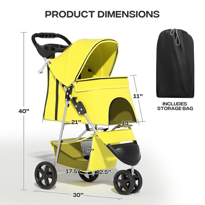 Дитяча коляска для котів та собак, 3 колеса, жовта. Коляска для тварин середнього розміру та цуценят, 13,6 кг, з кошиком для зберігання та тримачем для напоїв
