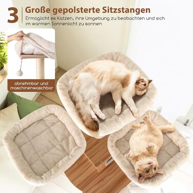 Кігтеточка для котів COSTWAY 168 см, дерев'яна, багатоярусна з будиночком, драбиною, лежаками та іграшками, бежево-коричнева