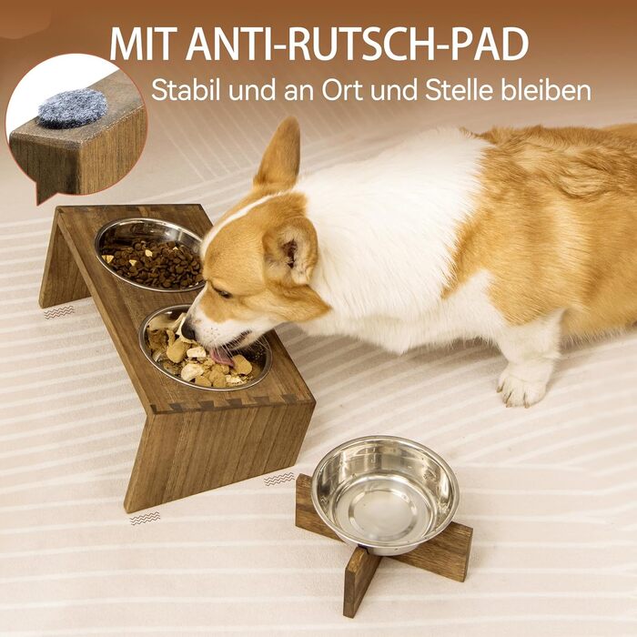 Підвищені годівниці для котів та собак KIRIGEN – дерев'яна годівниця з 3 знімними мисками з нержавіючої сталі, жовто-коричневого та темно-коричневого кольорів