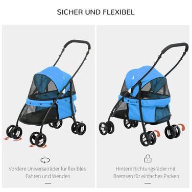 PawHut Dog Buggy Cart Dog Foldable з сітчастим вікном для маленьких собак і кішок, 2 захисних повідця, оксфордський матеріал синього кольору