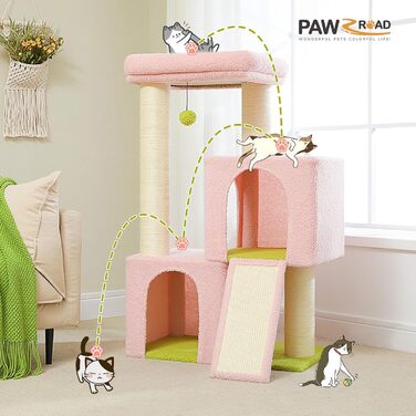 Кігтеточка PAWZ Road для котів, велика, стабільна, багатоярусна, з гамаком, 13 кігтеточок (діаметр 11 см), велика платформа, висота 170 см, котячий комплекс (M, рожева)
