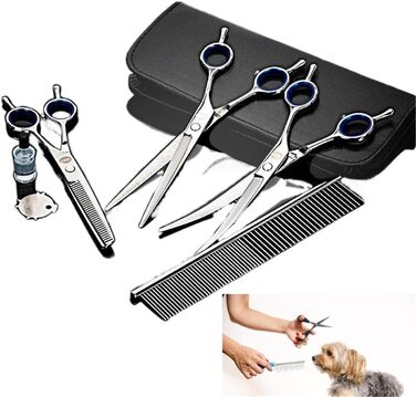Набір професійних ножиць для собак, 4 в 1: ножиці для фінальної обробки, прямі ножиці, вигнуті ножиці, гребінець. Виготовлено з нержавіючої сталі. Підходить для собак, котів та інших домашніх тварин.