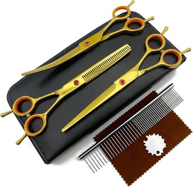 Ножиці для грумінгу собак та котів, нержавіюча сталь, професійний набір для догляду за шерстю, з вигнутими, прямими та розріджувальними ножицями (золотисто-жовтий)