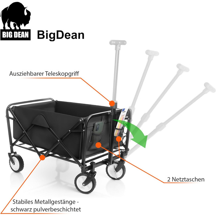 Компактний візок BigDean, чорний, до 80 кг, складавний – для поїздок, кемпінгу та покупок