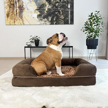 Ортопедичне собаче ліжко для великих собак, водонепроникне, знімний та миючий чохол, віскоеластична піна, заспокійливий плюш, піднятий борт, 90x65x23 см, коричневе