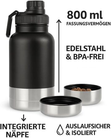 Водяна пляшка для собак LuckyFlex® 800 мл 3-в-1 з мискою та відсіком для корму – ідеальна для прогулянок, подорожей та походів